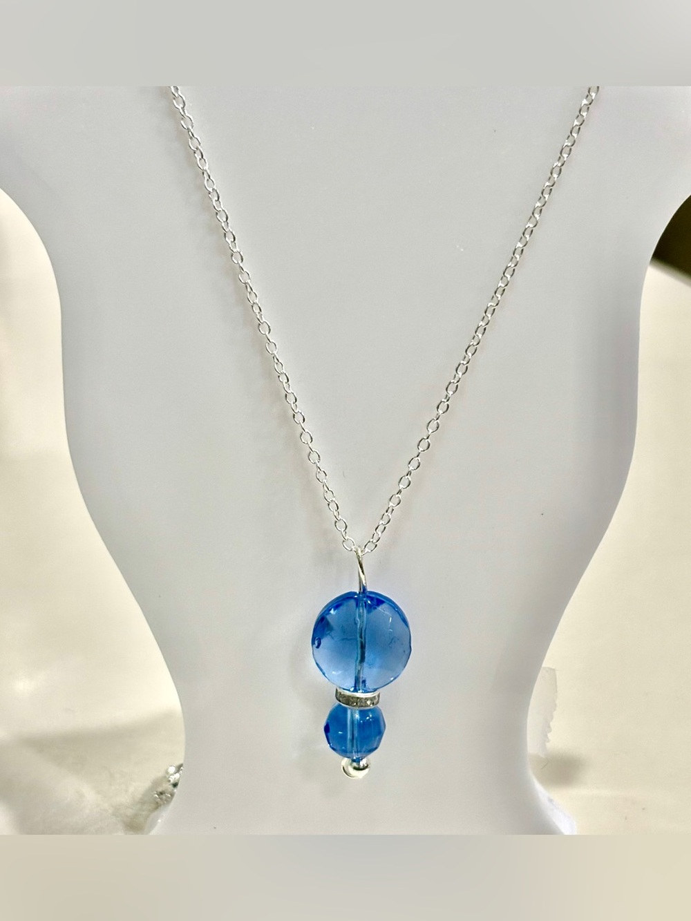 Handmade Blue Glass Bead Pendant on 18” sterling Silver Necklace